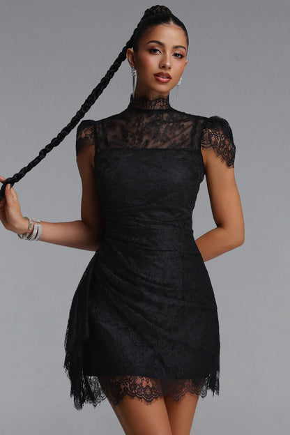 Scalloped Lace Mock-Neck Mini Dress - Onyx Black