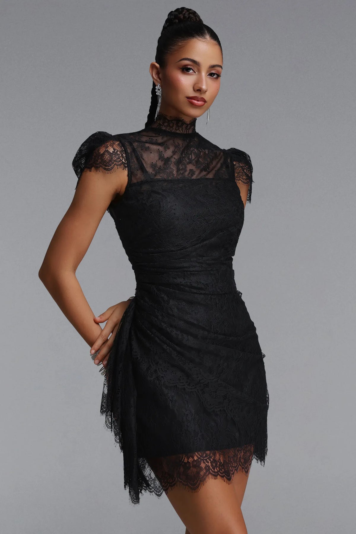 Scalloped Lace Mock-Neck Mini Dress - Onyx Black
