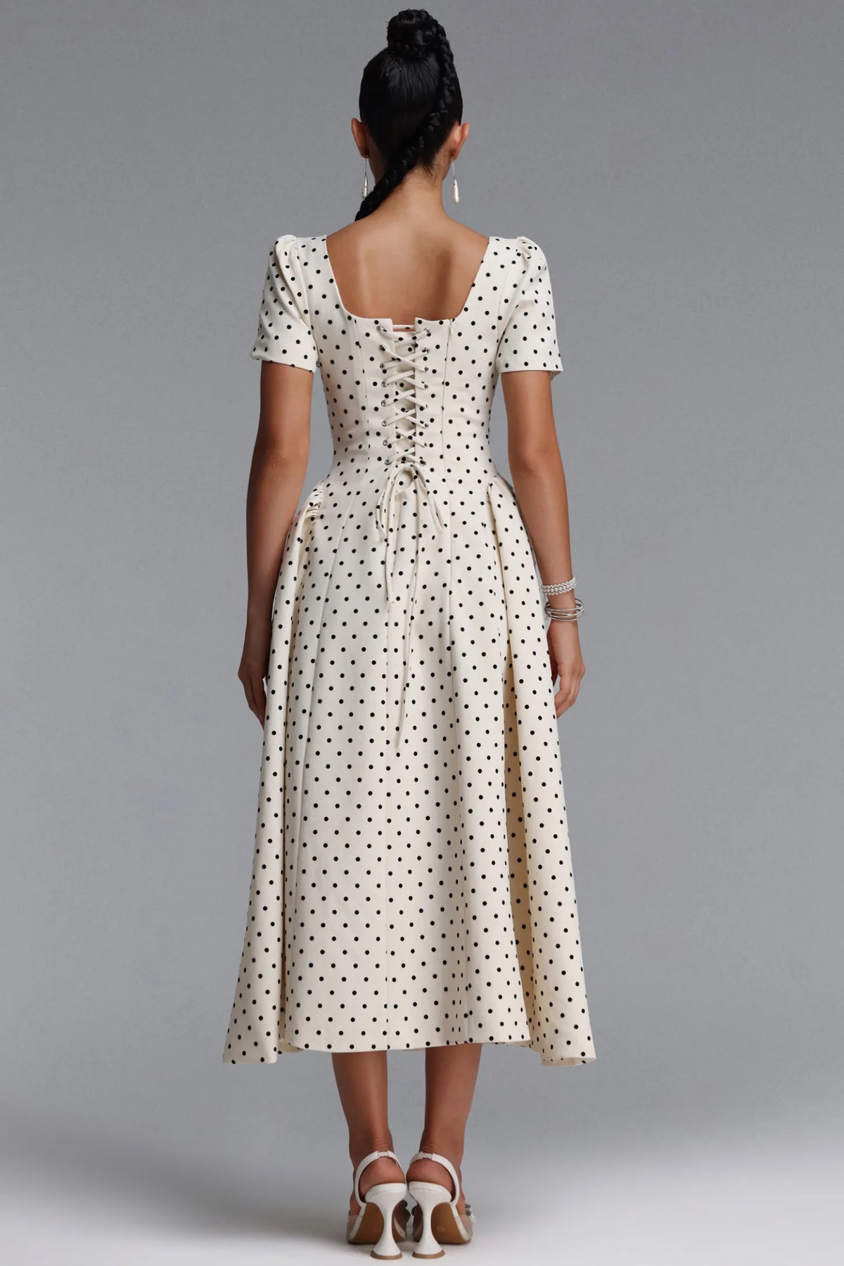 Structured Polka Dot A-Line Dress - Ivory & Black