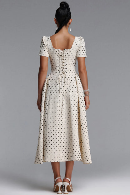 Structured Polka Dot A-Line Dress - Ivory & Black