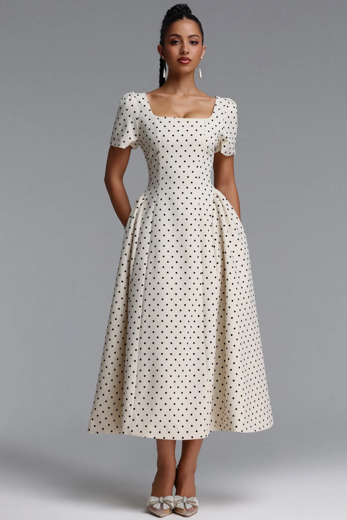 Structured Polka Dot A-Line Dress - Ivory & Black