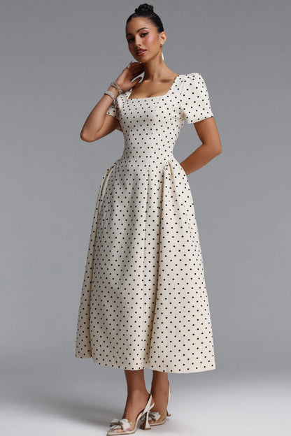Structured Polka Dot A-Line Dress - Ivory & Black