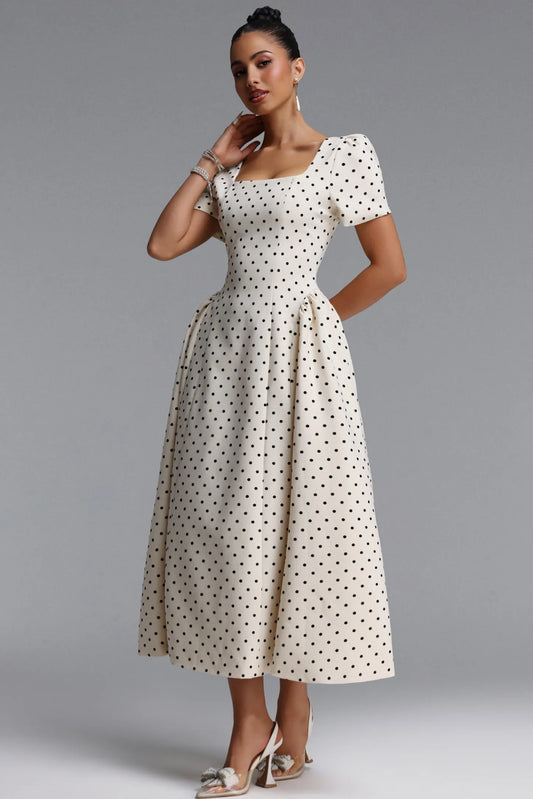 Structured Polka Dot A-Line Dress - Ivory & Black