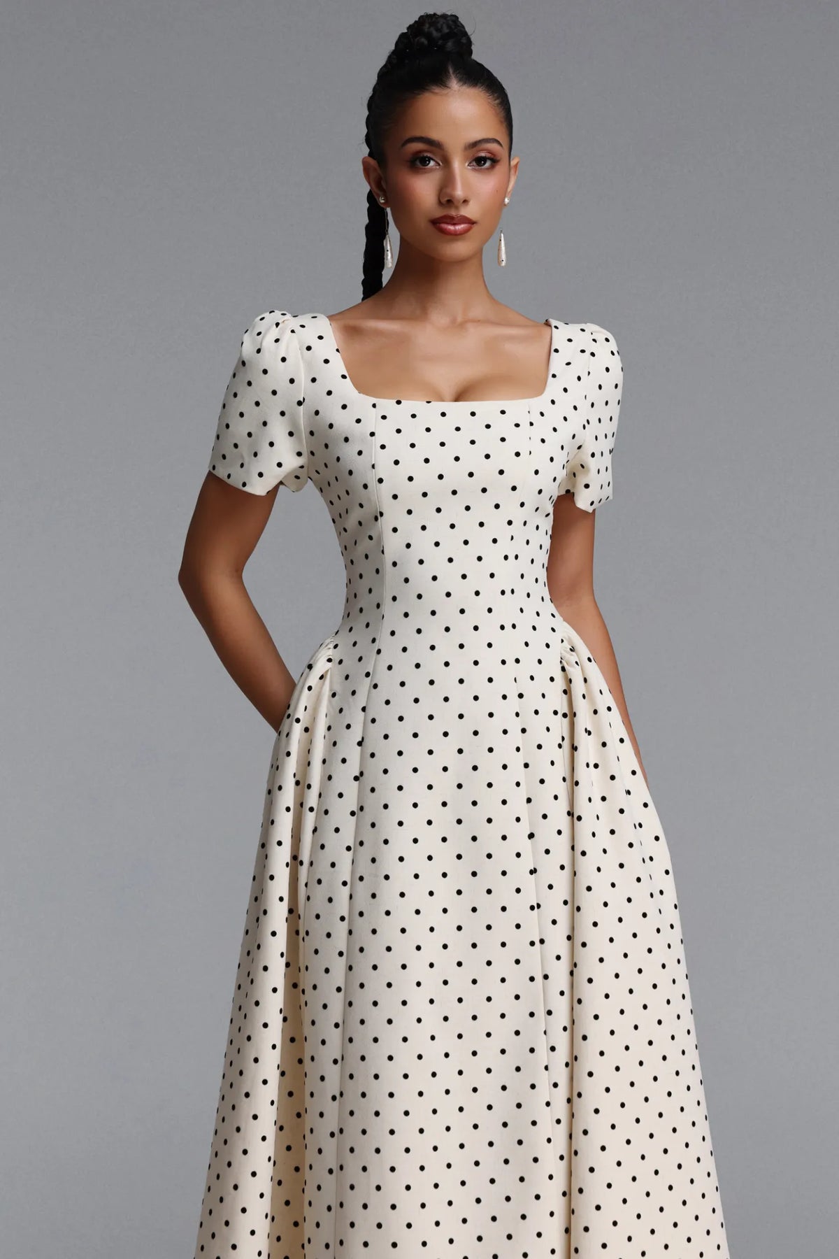 Structured Polka Dot A-Line Dress - Ivory & Black