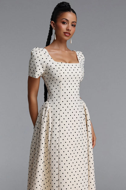 Structured Polka Dot A-Line Dress - Ivory & Black