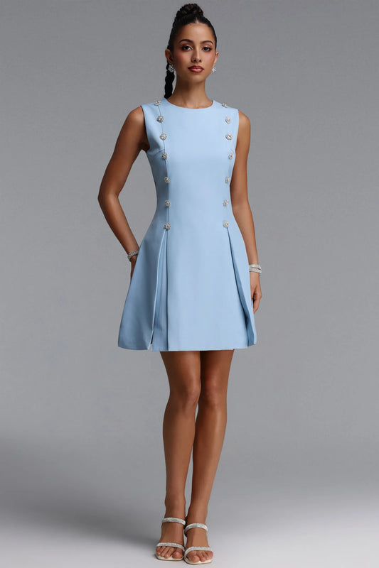 Crystal-Button Pleated Mini Dress - Powder Blue