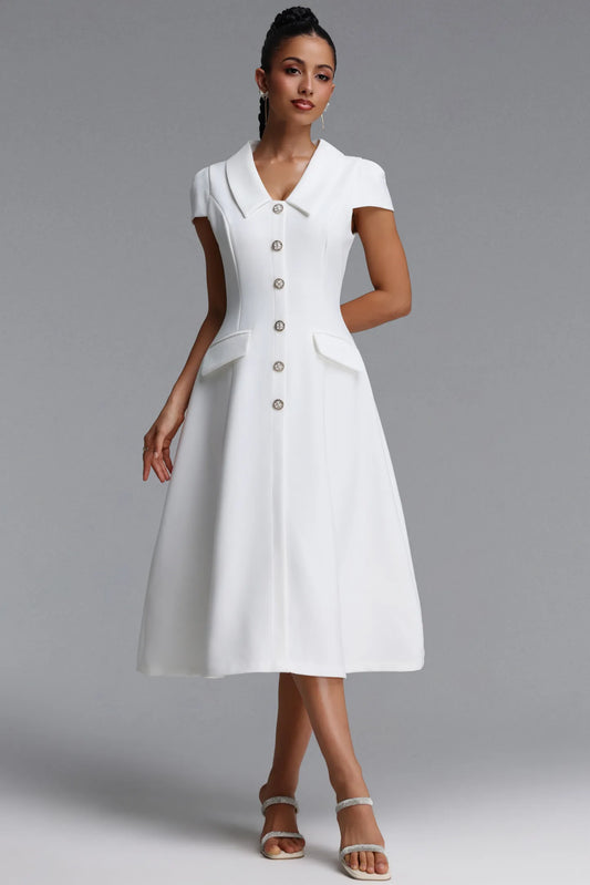 Structured Lapel Button-Down Dress - Pristine White