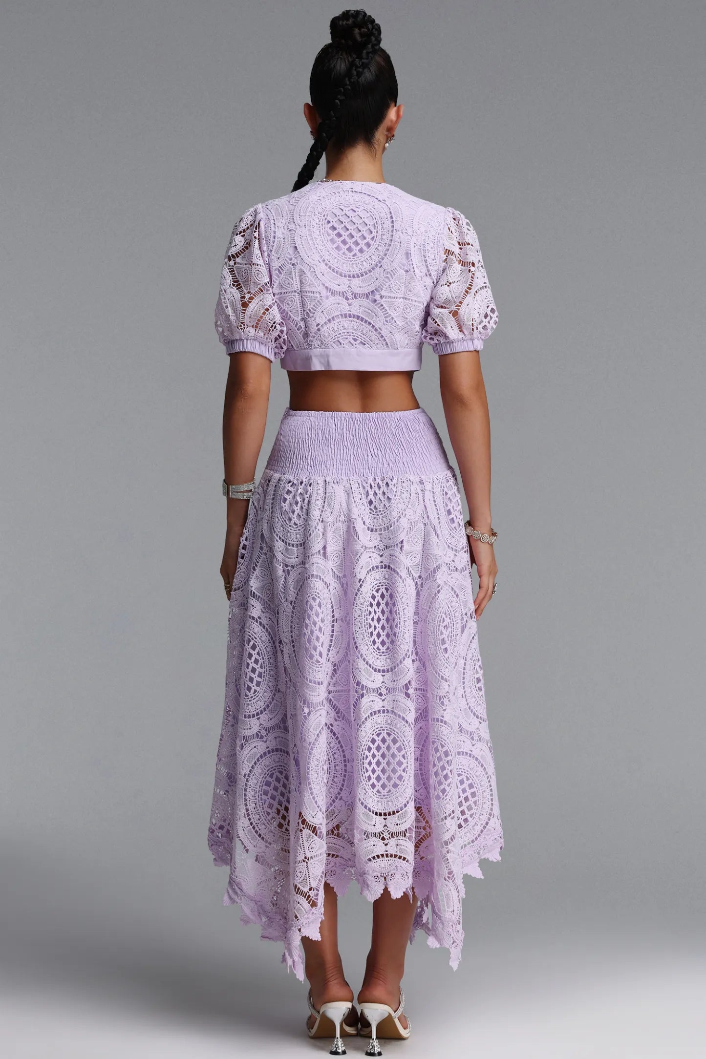 Geometric Guipure Lace Tie-Front Midi Set - Soft Lavender