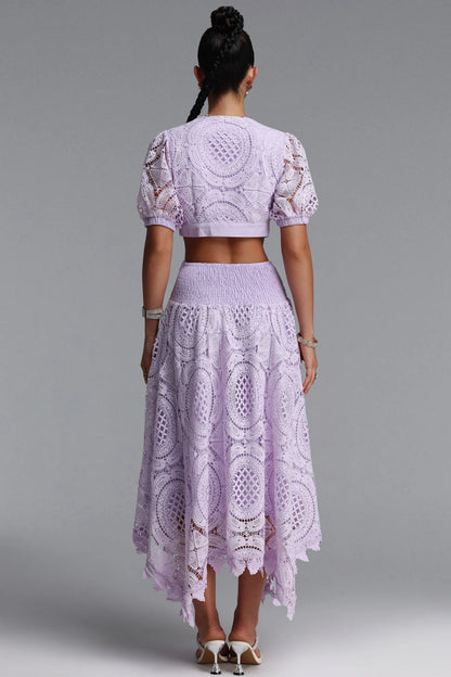 Geometric Guipure Lace Tie-Front Midi Set - Soft Lavender