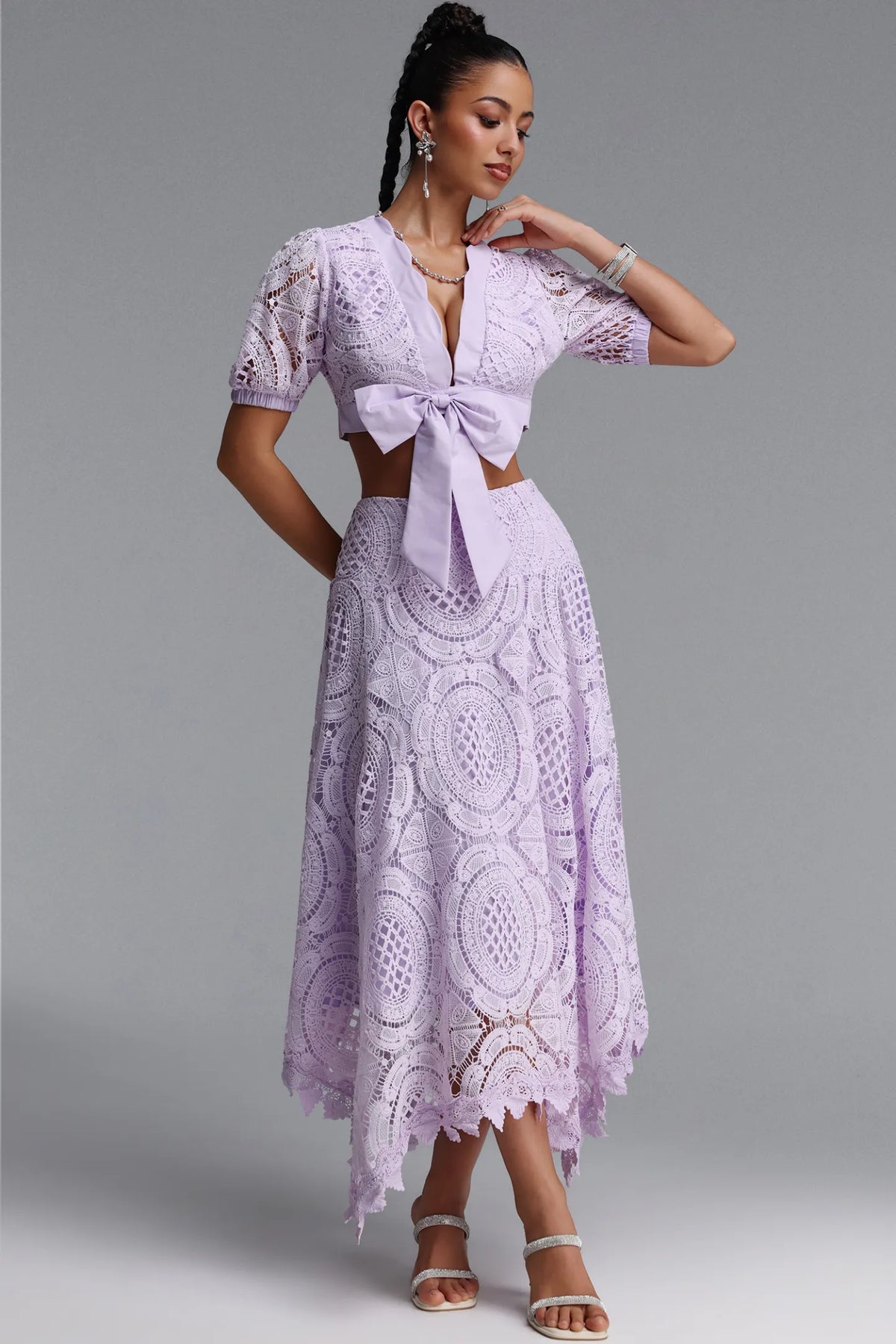 Geometric Guipure Lace Tie-Front Midi Set - Soft Lavender