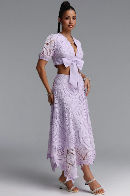 Geometric Guipure Lace Tie-Front Midi Set - Soft Lavender