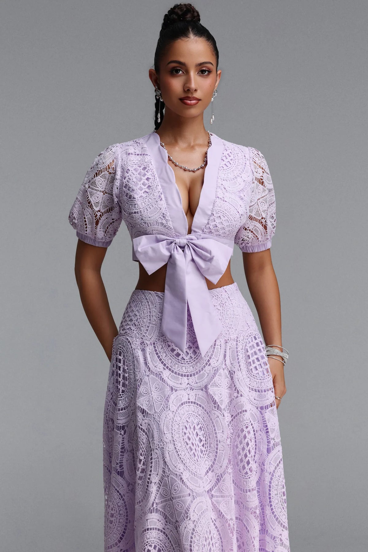 Geometric Guipure Lace Tie-Front Midi Set - Soft Lavender