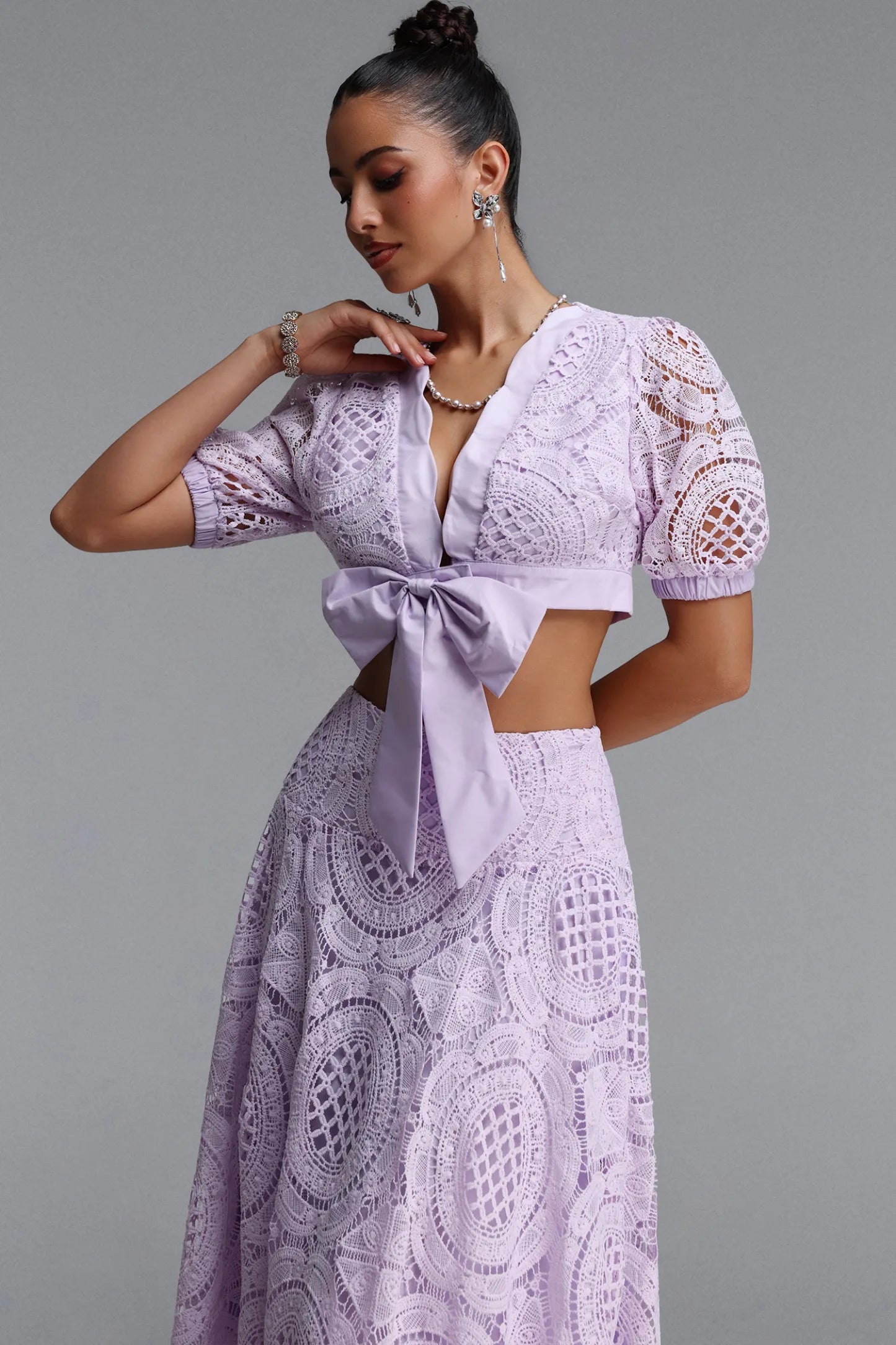Geometric Guipure Lace Tie-Front Midi Set - Soft Lavender
