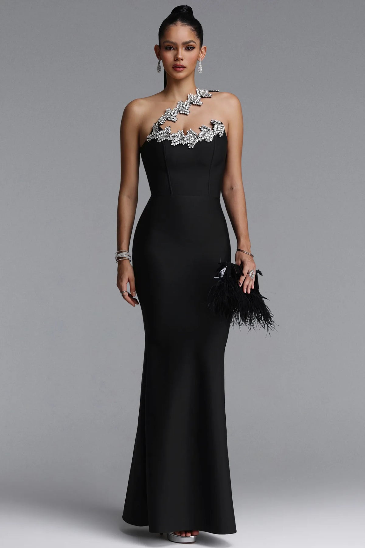 Black One-Shoulder Embellished Bandage Dress with Elegant Mermaid Silhouette
