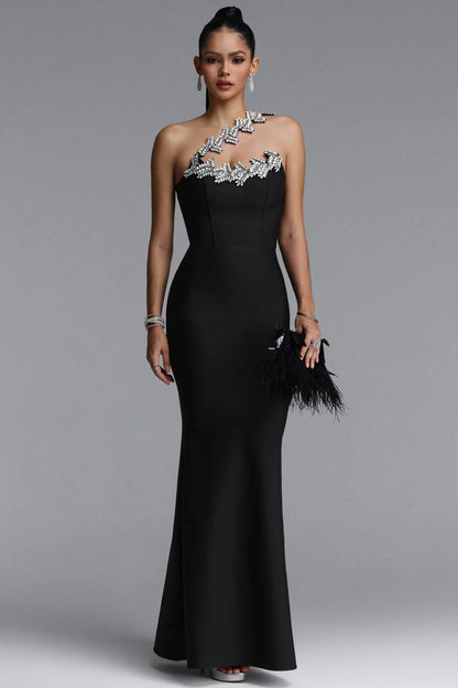 Black One-Shoulder Embellished Bandage Dress with Elegant Mermaid Silhouette