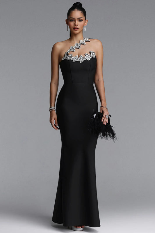 Black One-Shoulder Embellished Bandage Dress with Elegant Mermaid Silhouette