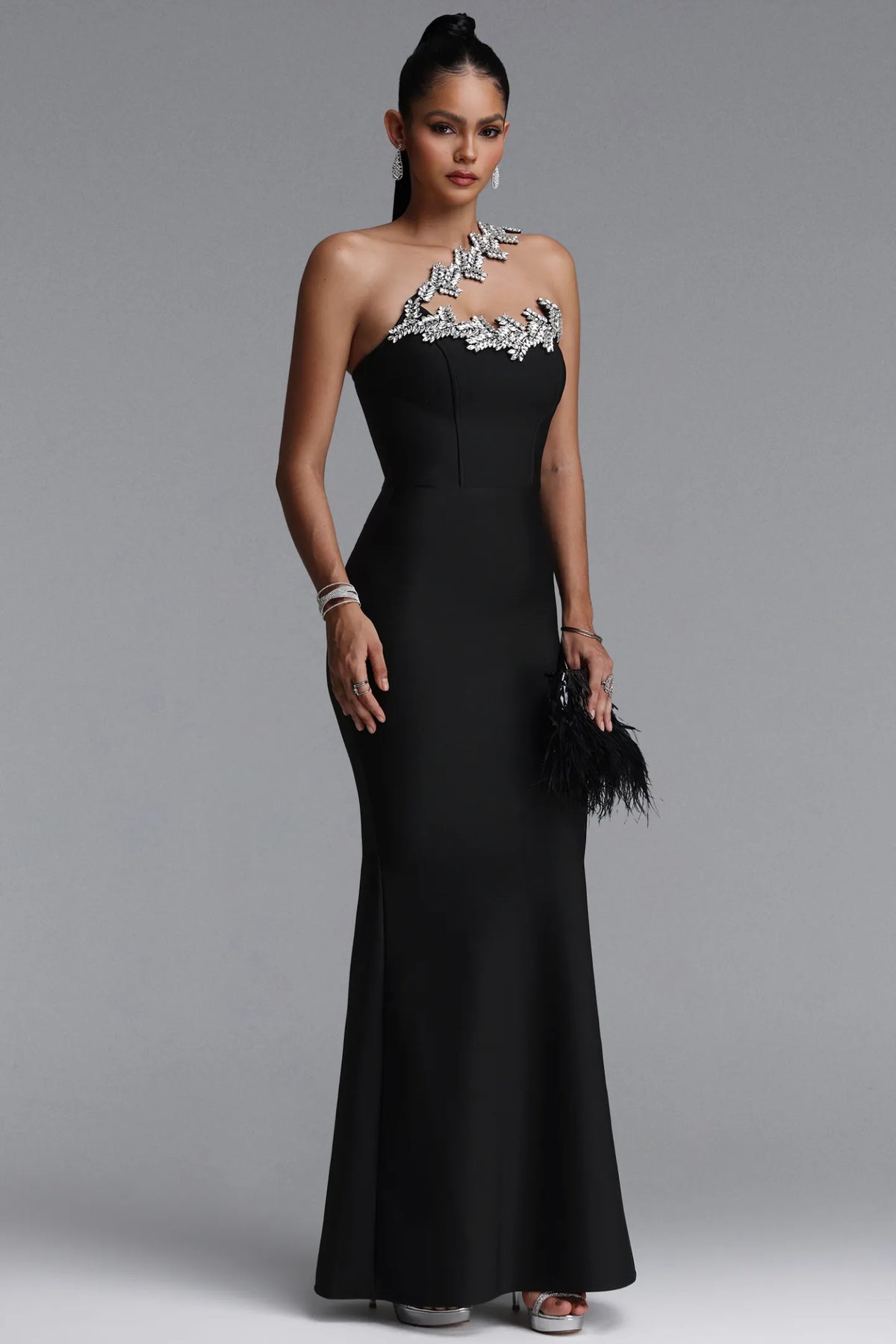 Black One-Shoulder Embellished Bandage Dress with Elegant Mermaid Silhouette