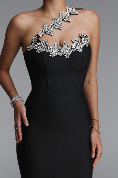 Black One-Shoulder Embellished Bandage Dress with Elegant Mermaid Silhouette