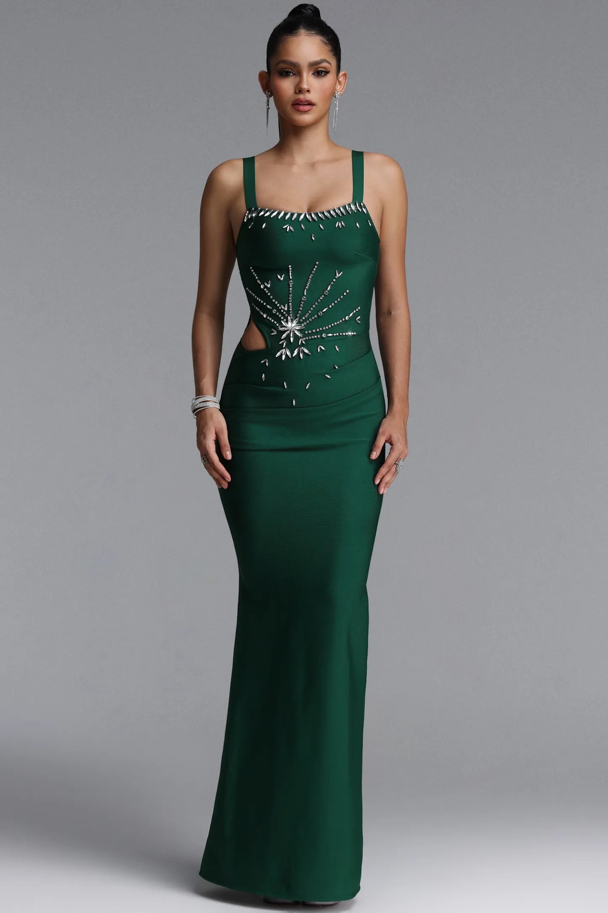 Crystal Starburst Cutout Bandage Gown - Emerald Green