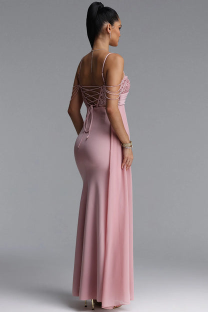 Asymmetrical Draped Lace Corset Gown - Dusty Rose