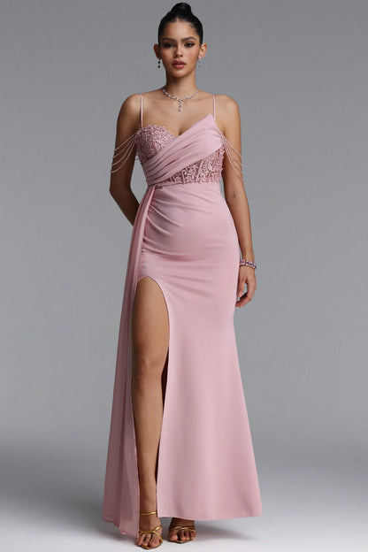 Asymmetrical Draped Lace Corset Gown - Dusty Rose