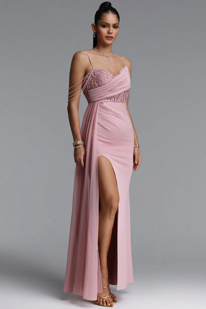 Asymmetrical Draped Lace Corset Gown - Dusty Rose