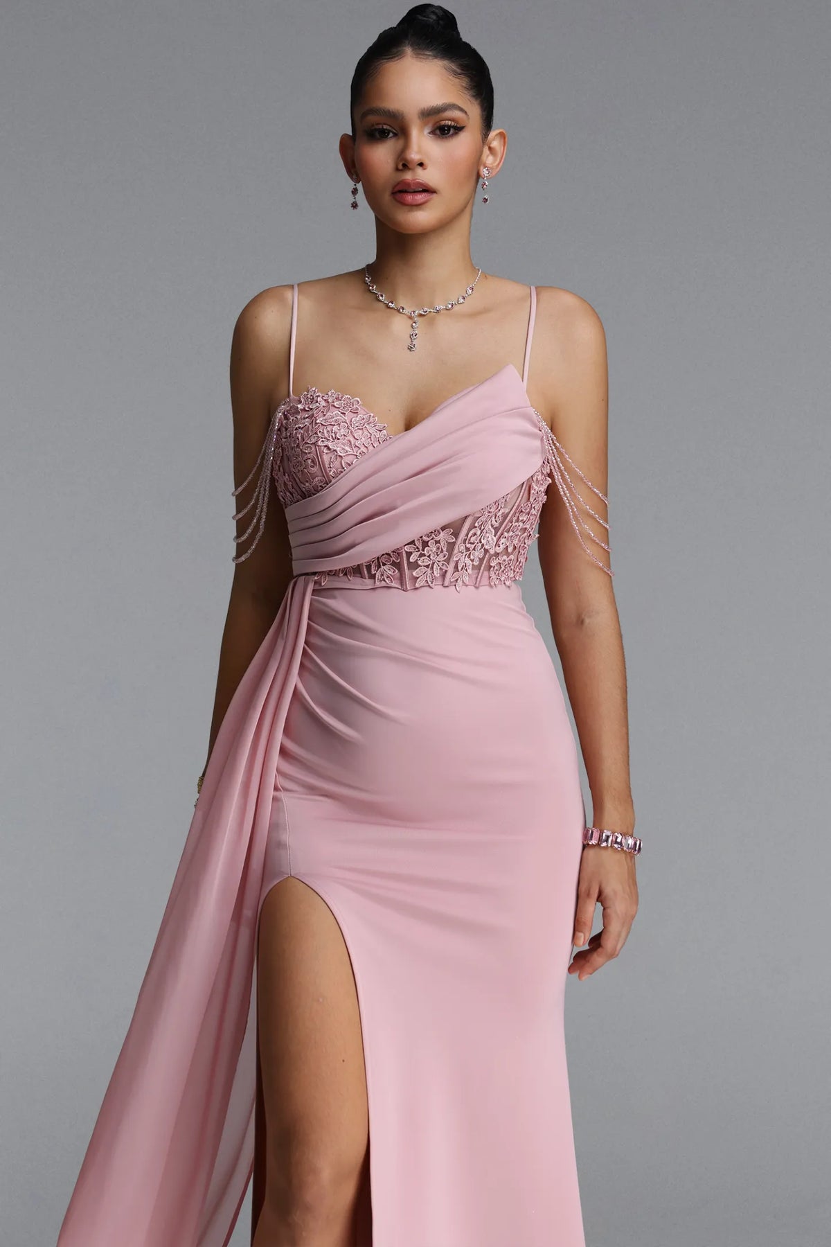 Asymmetrical Draped Lace Corset Gown - Dusty Rose