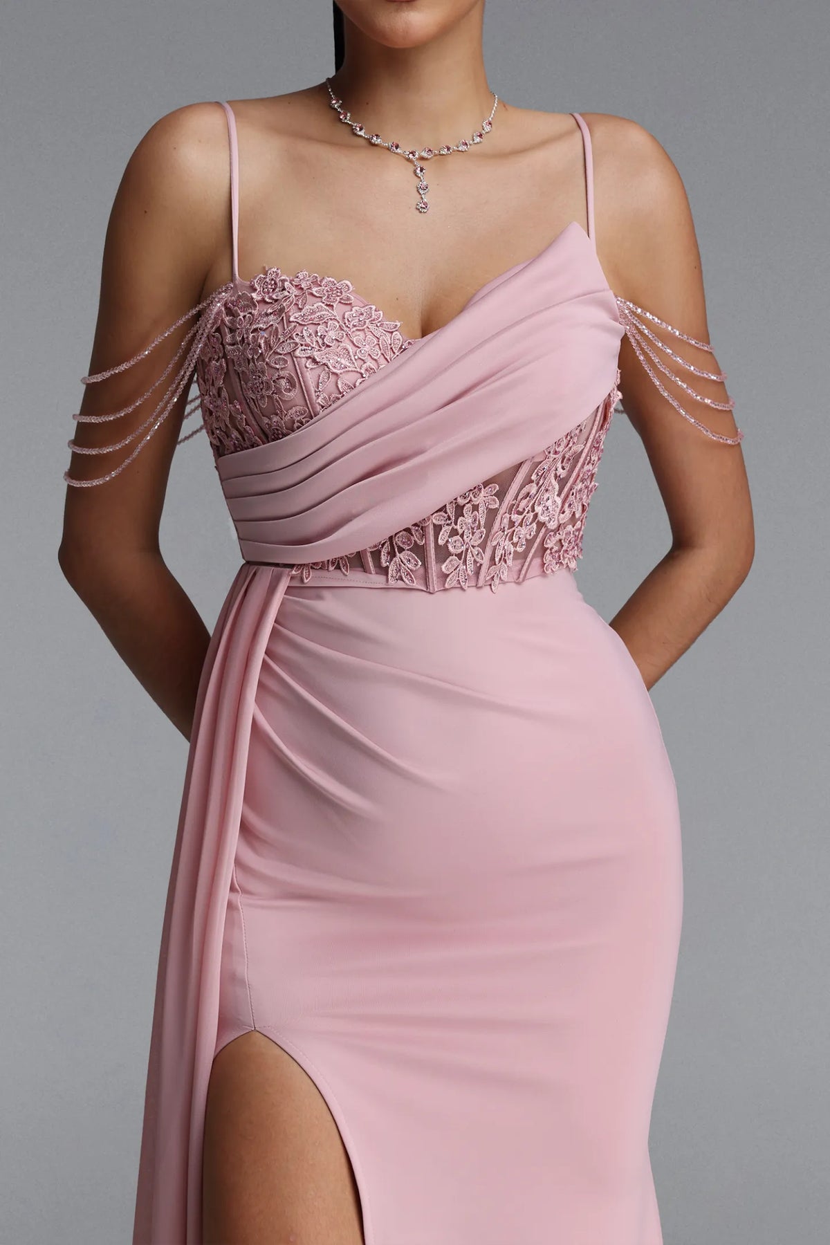 Asymmetrical Draped Lace Corset Gown - Dusty Rose