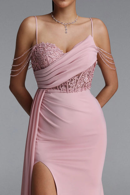Asymmetrical Draped Lace Corset Gown - Dusty Rose