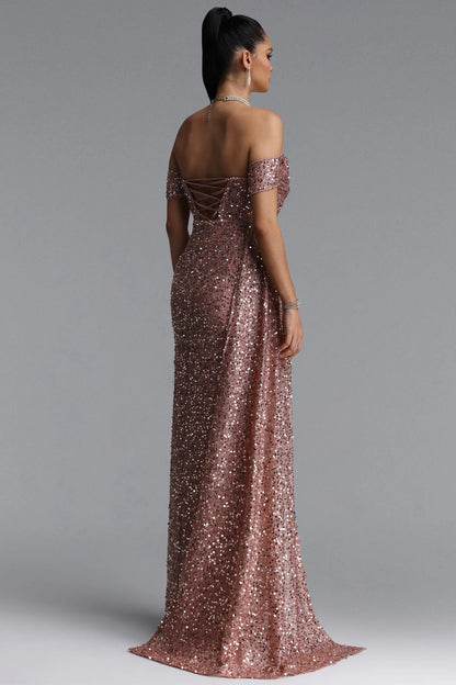 Off-The-Shoulder Ruched Sequin Slit Gown - Rose Gold