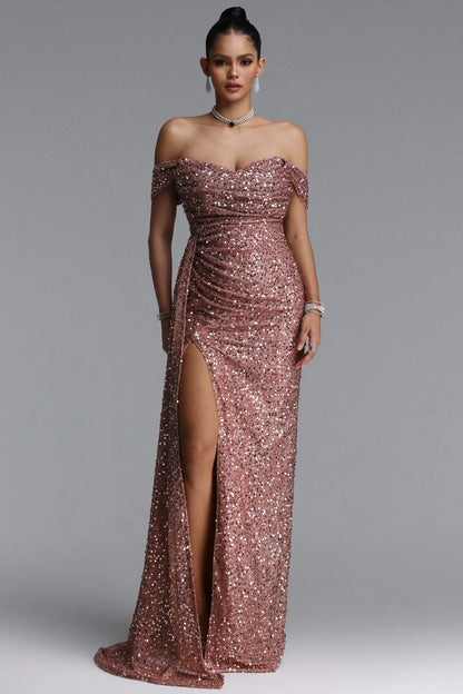 Off-The-Shoulder Ruched Sequin Slit Gown - Rose Gold