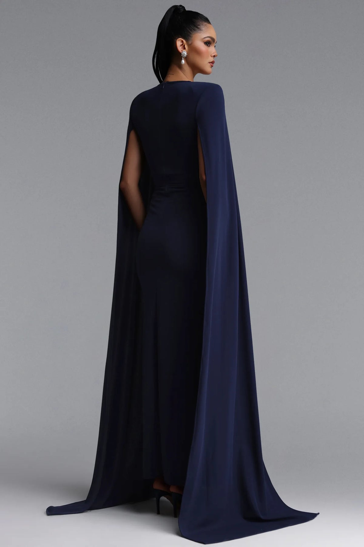 Structured Cape-Sleeve Crystal Trim Gown - Midnight Navy