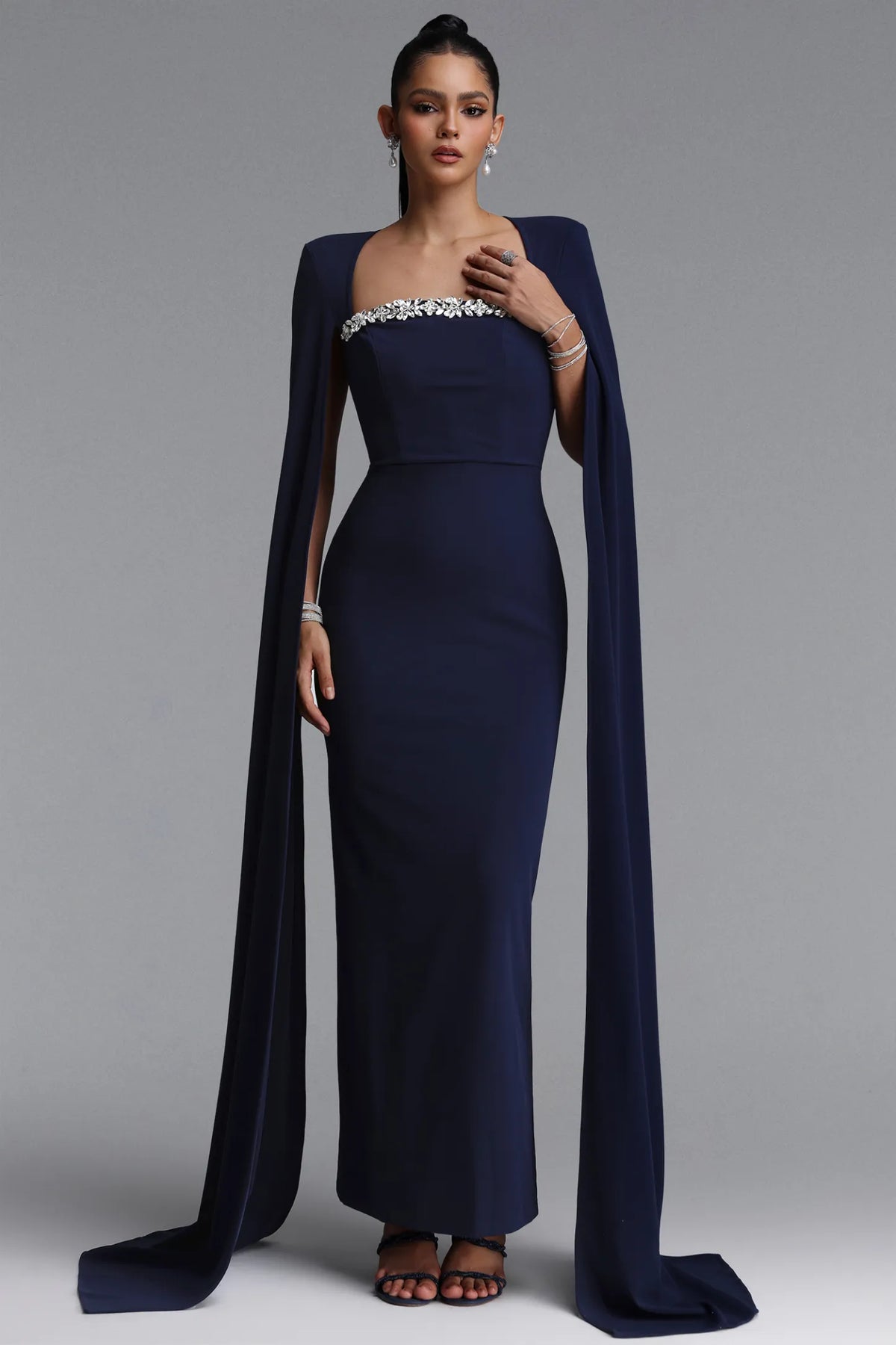 Structured Cape-Sleeve Crystal Trim Gown - Midnight Navy