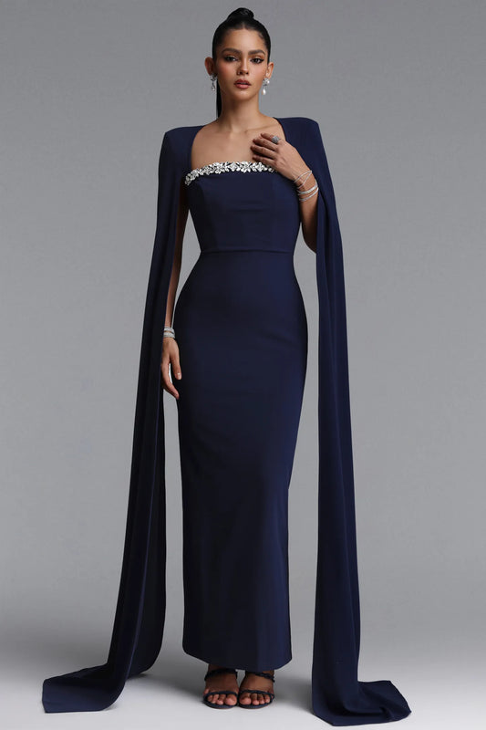 Structured Cape-Sleeve Crystal Trim Gown - Midnight Navy