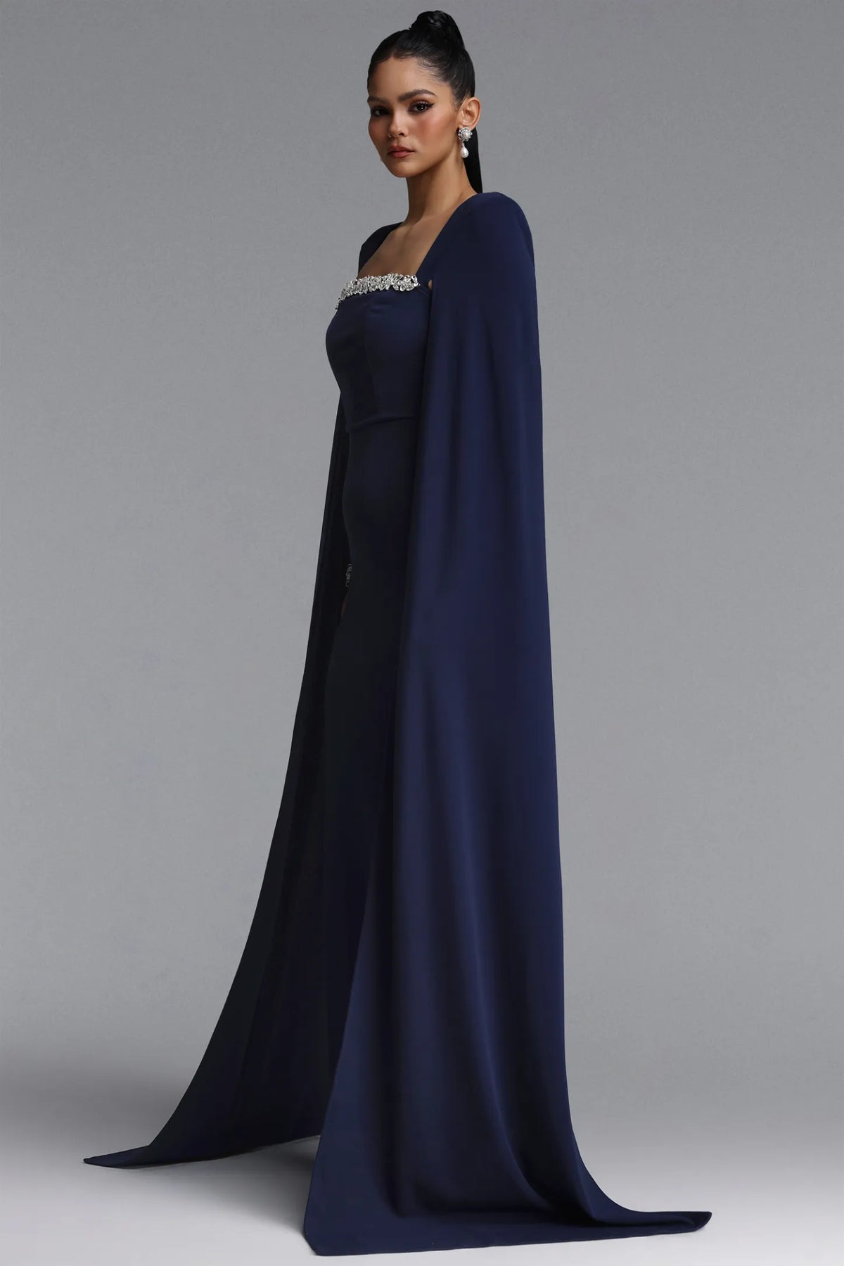 Structured Cape-Sleeve Crystal Trim Gown - Midnight Navy