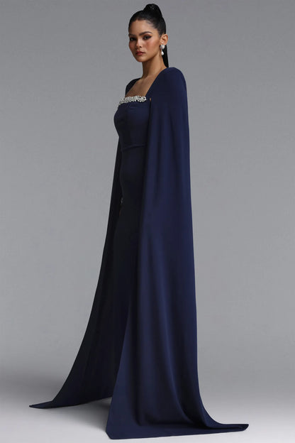 Structured Cape-Sleeve Crystal Trim Gown - Midnight Navy