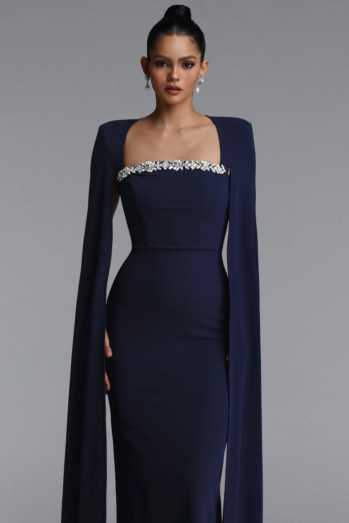 Structured Cape-Sleeve Crystal Trim Gown - Midnight Navy