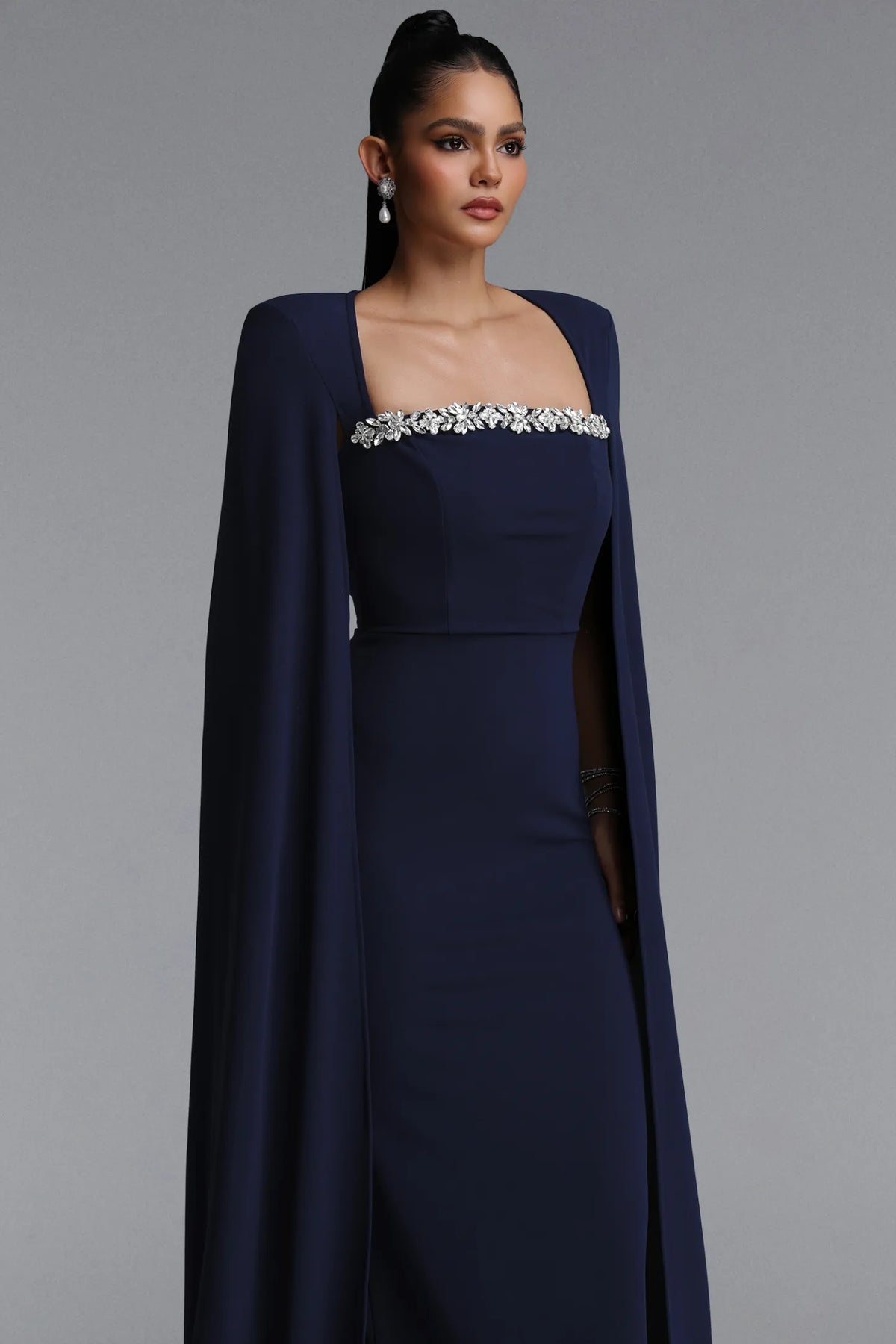 Structured Cape-Sleeve Crystal Trim Gown - Midnight Navy