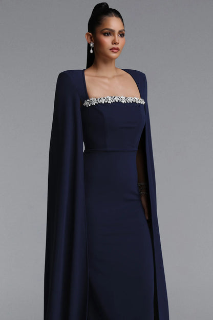 Structured Cape-Sleeve Crystal Trim Gown - Midnight Navy