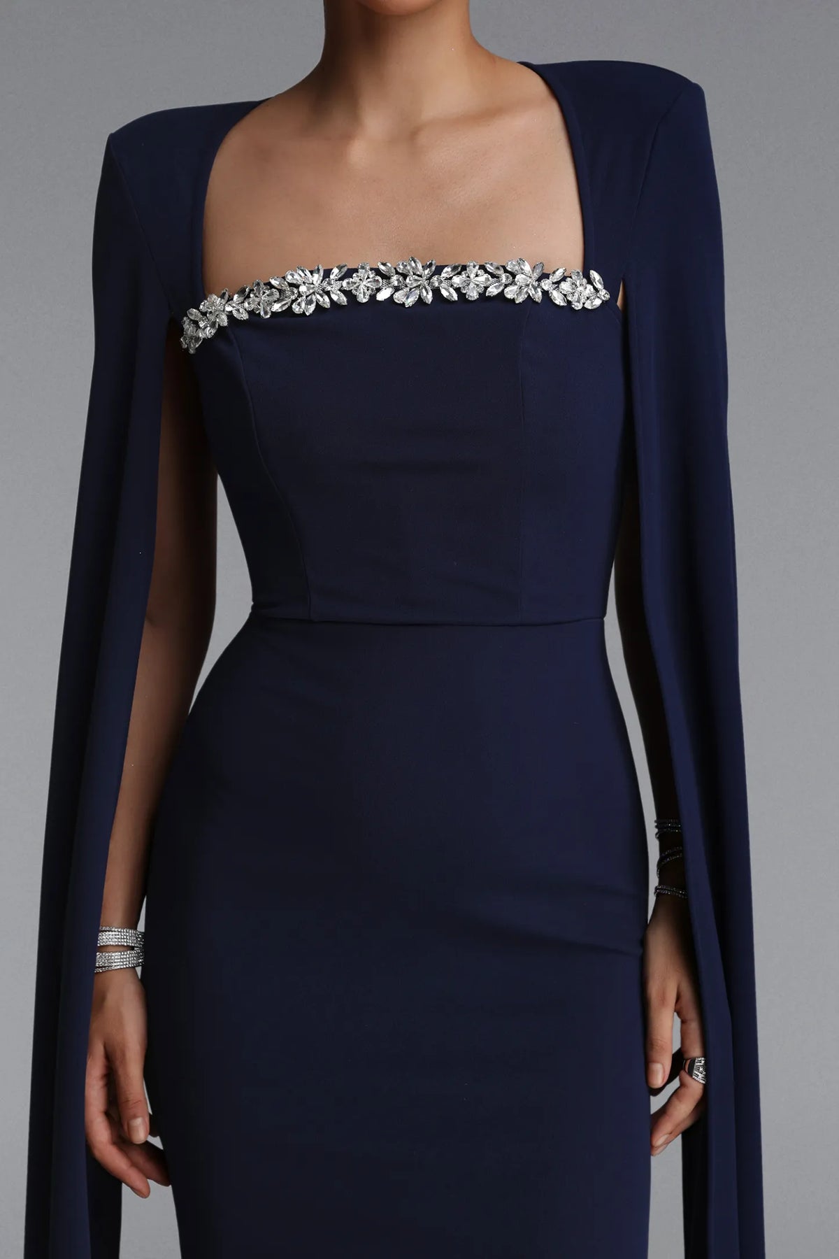 Structured Cape-Sleeve Crystal Trim Gown - Midnight Navy
