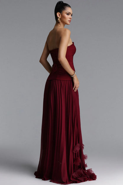Structured Longline Pleated Gown with 3D Rosettes - Deep Burgundy