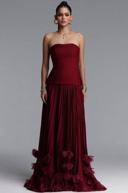 Structured Longline Pleated Gown with 3D Rosettes - Deep Burgundy
