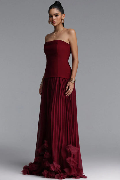 Structured Longline Pleated Gown with 3D Rosettes - Deep Burgundy