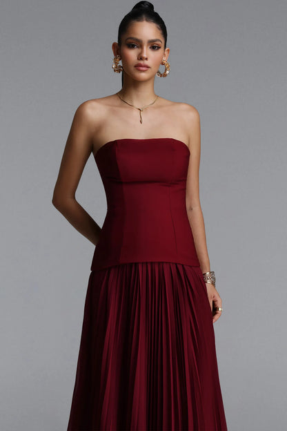 Structured Longline Pleated Gown with 3D Rosettes - Deep Burgundy