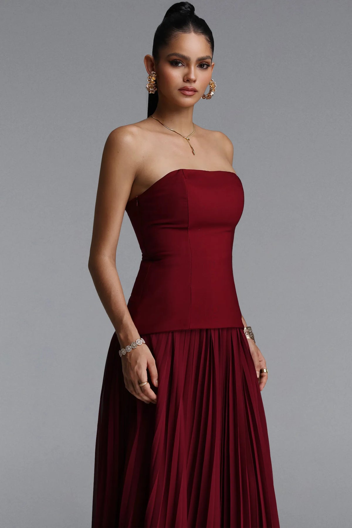 Structured Longline Pleated Gown with 3D Rosettes - Deep Burgundy