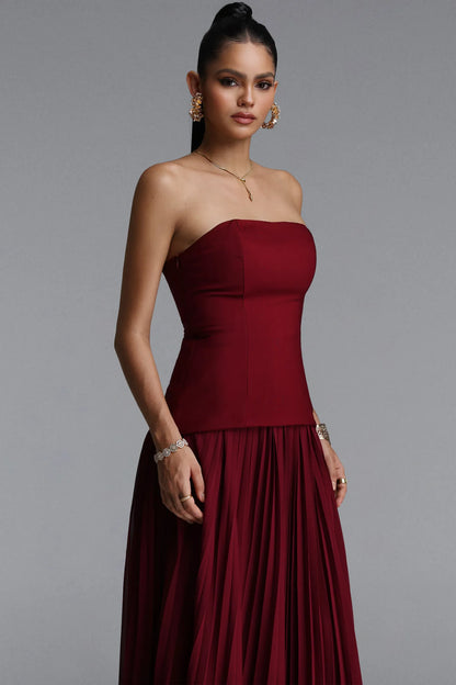 Structured Longline Pleated Gown with 3D Rosettes - Deep Burgundy