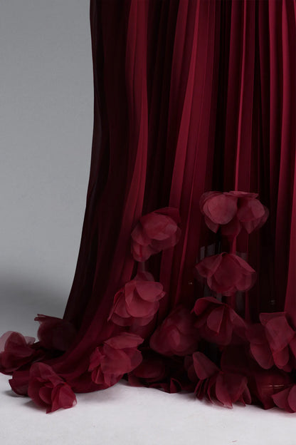 Structured Longline Pleated Gown with 3D Rosettes - Deep Burgundy