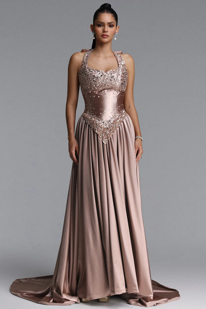 Sequin-Embellished Basque Waist Satin Gown - Dusty Rose Gold