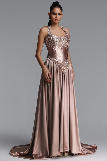 Sequin-Embellished Basque Waist Satin Gown - Dusty Rose Gold