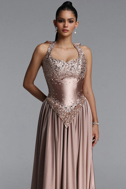 Sequin-Embellished Basque Waist Satin Gown - Dusty Rose Gold